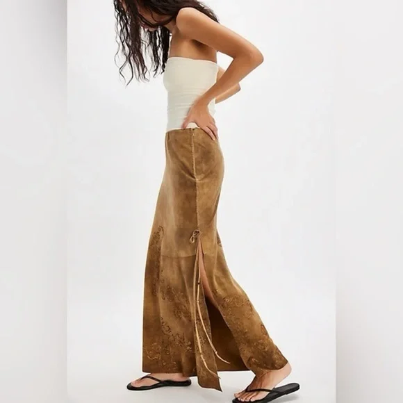 NWT! Free People Nigel Preston Hand-Painted Lambskin Suede Maxi Skirt - Large - Picture 3 of 10